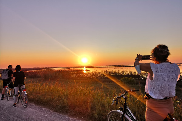 La pedalata dei fenicotteri al tramonto