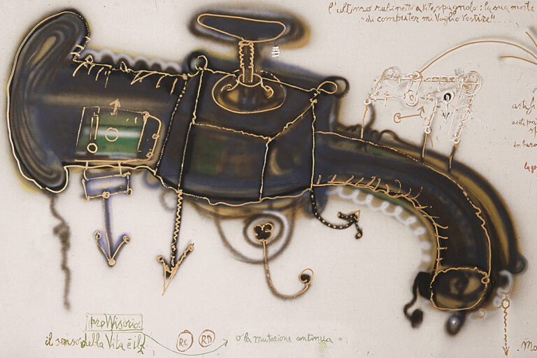 Mattia Moreni, L’ultimo rubinetto a vite, spagnolo: la sua morte elegante, 1992, olio su tela, cm. 183x300, collezione privata